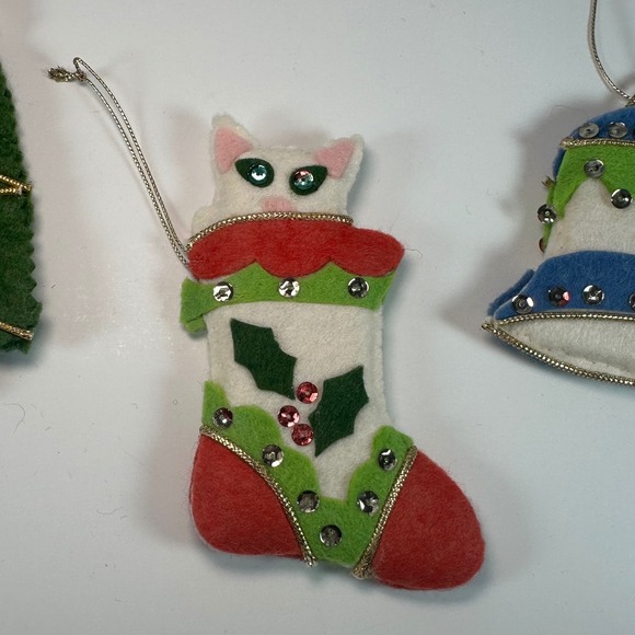 Vintage Handmade Felt Christmas Ornaments Set 3 Cat Stocking Tree Bell Sequins - Picture 2 of 6